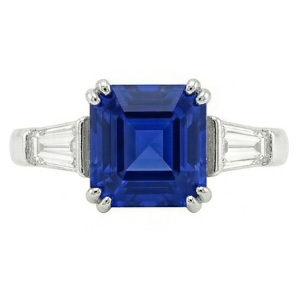 Anello in oro con tre pietre di zaffiro Asscher 2.50 carati di diamanti baguette