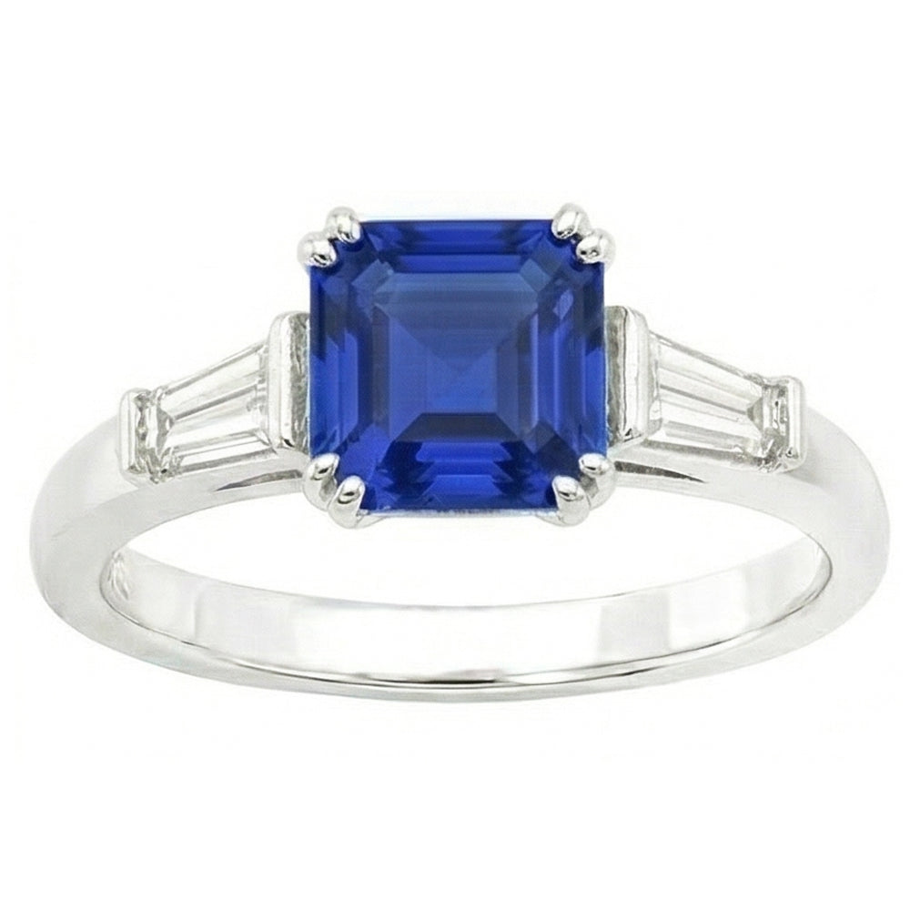 Anello in oro con tre pietre di zaffiro Asscher 2.50 carati di diamanti baguette