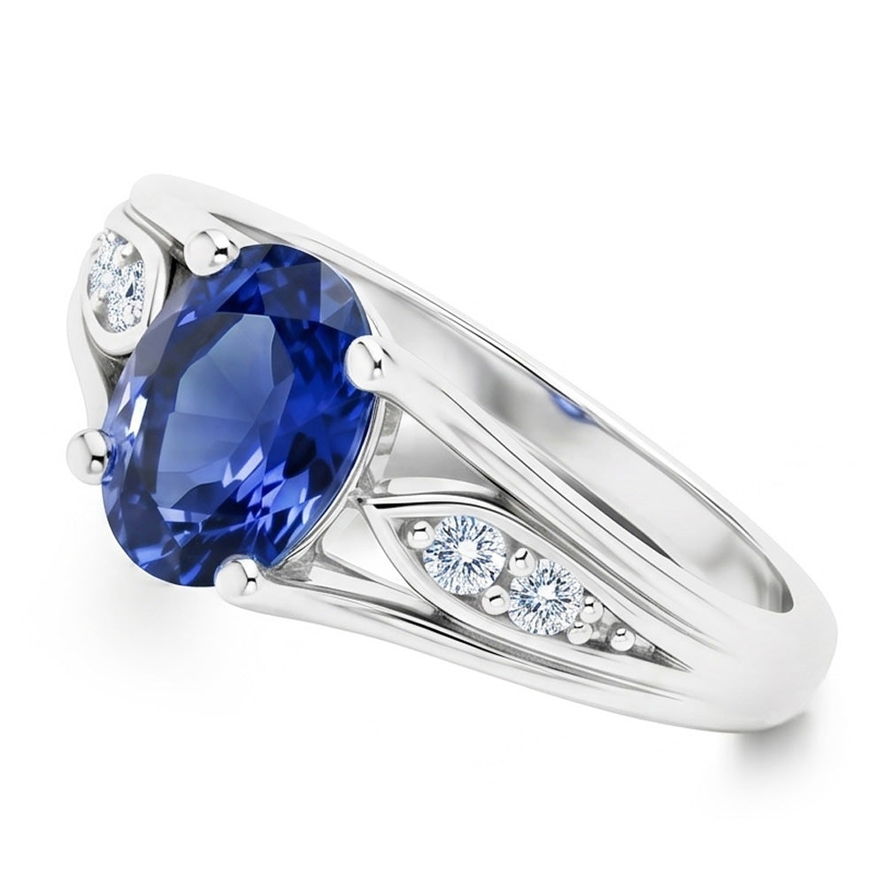 Anello in oro con zaffiro ovale blu da 1,50 carati e diamante rotondo 14K