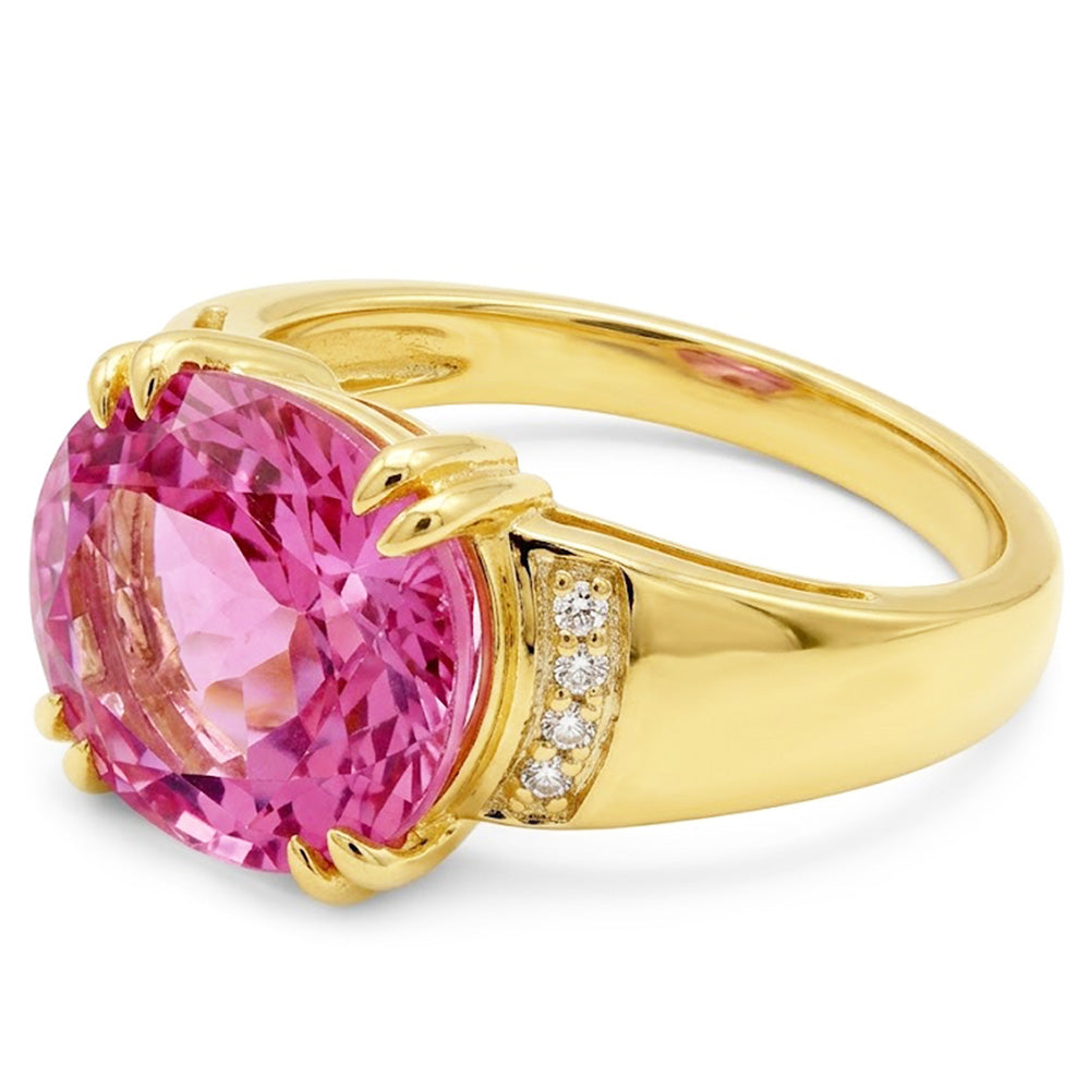 Anello in oro giallo 14 carati con kunzite a taglio ovale da 28.25 ct con diamanti rotondi