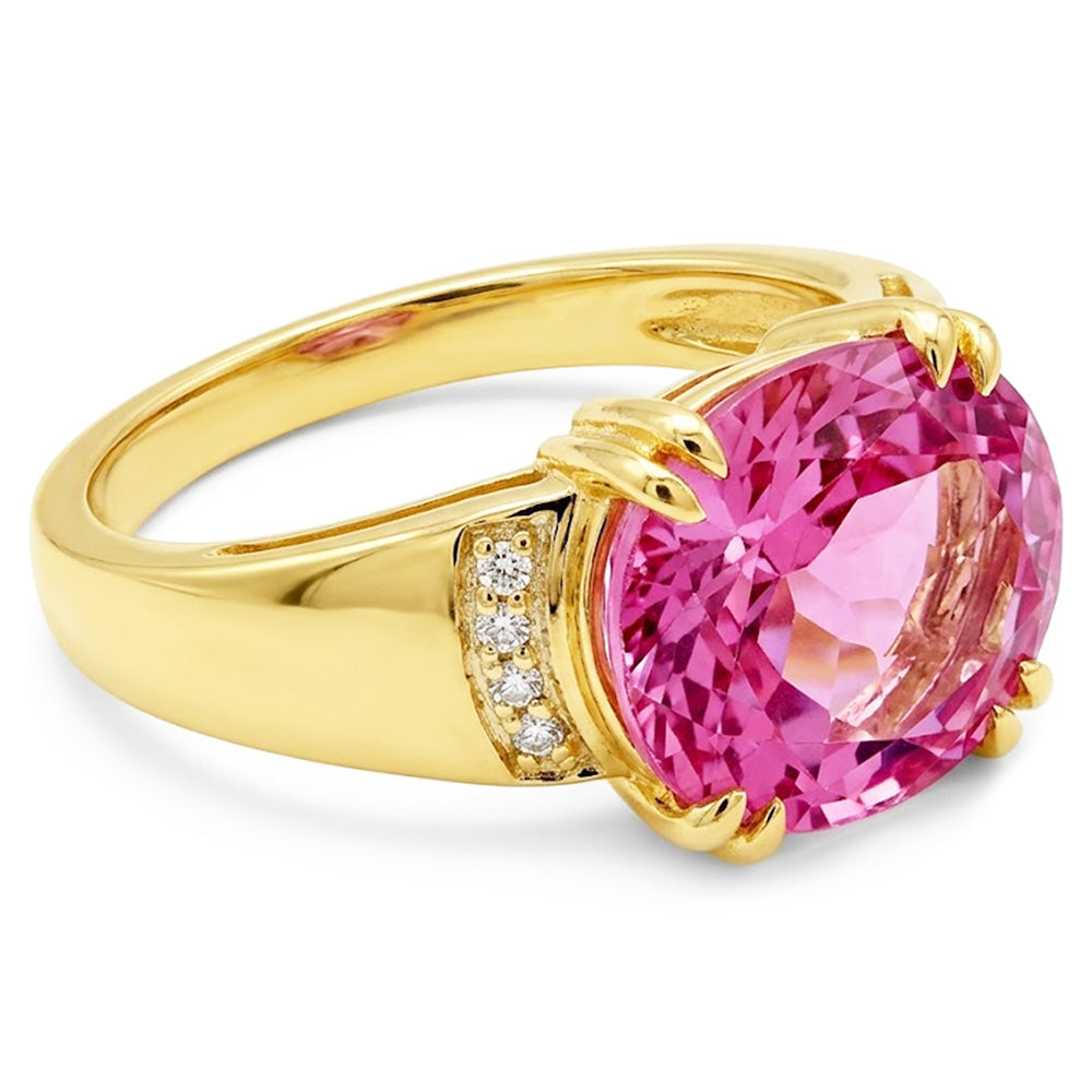 Anello in oro giallo 14 carati con kunzite a taglio ovale da 28.25 ct con diamanti rotondi