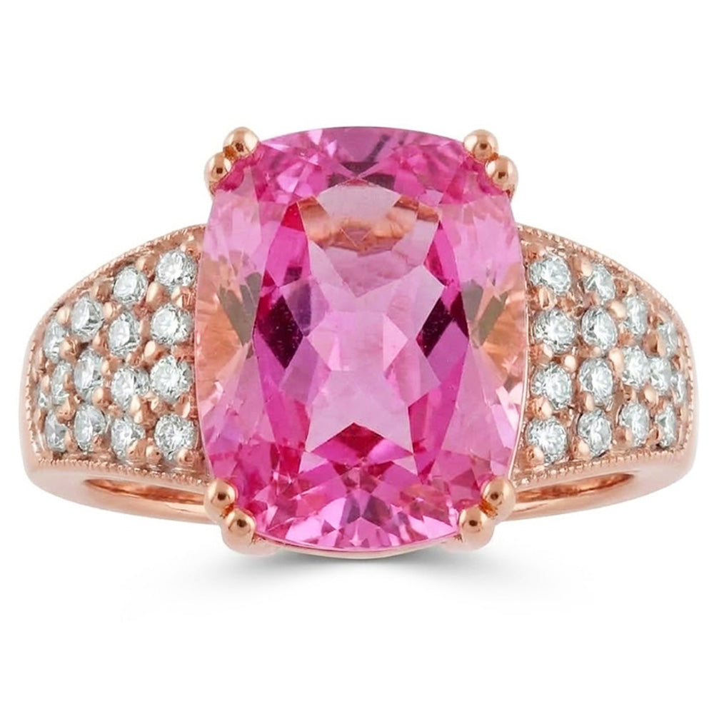 Anello in oro rosa 14 kt con grande kunzite rosa con piccoli diamanti 18.85 ct