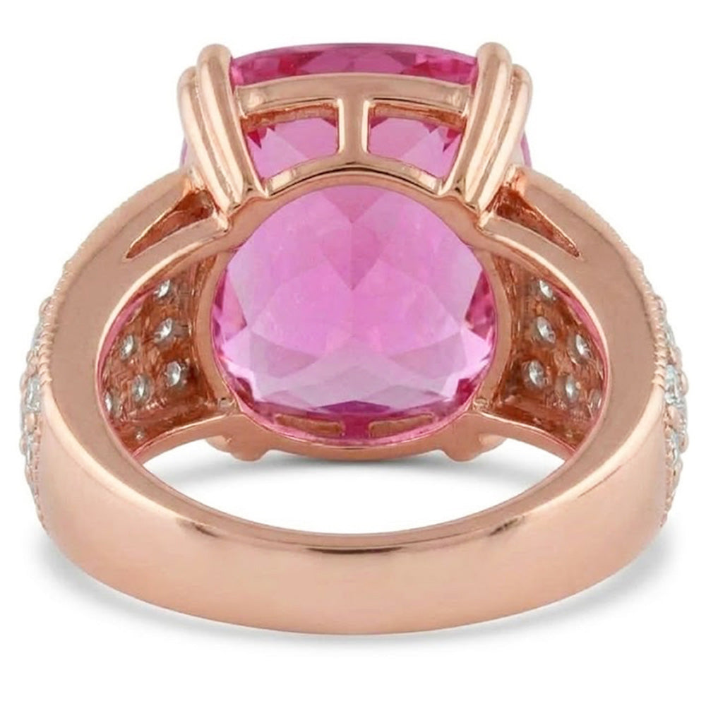 Anello in oro rosa 14 kt con grande kunzite rosa con piccoli diamanti 18.85 ct
