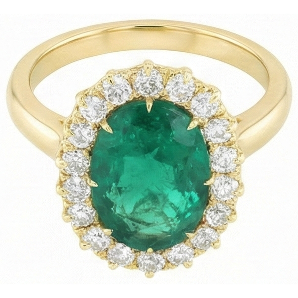 Anello in oro giallo 14K con Verde smeraldo ovale e diamanti rotondi da 7.50 carati