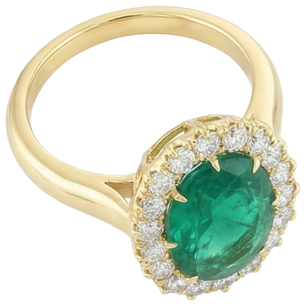 Anello in oro giallo 14K con Verde smeraldo ovale e diamanti rotondi da 7.50 carati