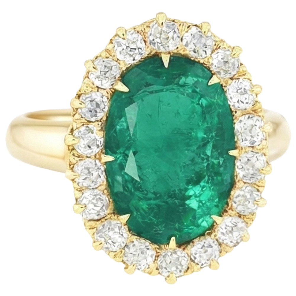 Anello in oro giallo 14K con Verde smeraldo ovale e diamanti rotondi da 7.50 carati