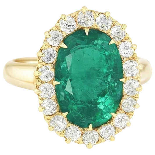 Anello in oro giallo 14K con Verde smeraldo ovale e diamanti rotondi da 7.50 carati