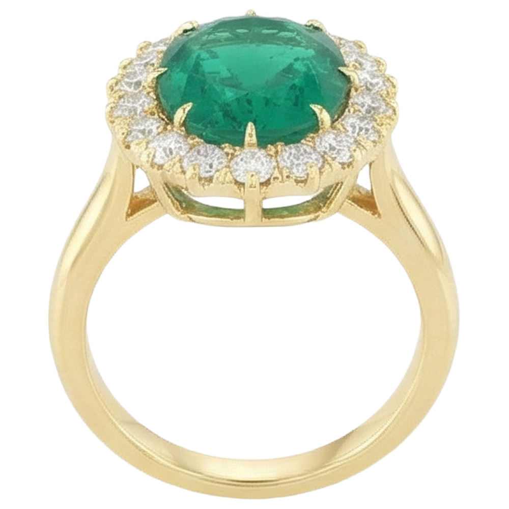 Anello in oro giallo 14K con Verde smeraldo ovale e diamanti rotondi da 7.50 carati