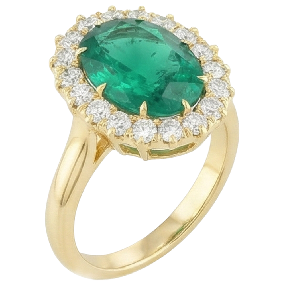 Anello in oro giallo 14K con Verde smeraldo ovale e diamanti rotondi da 7.50 carati