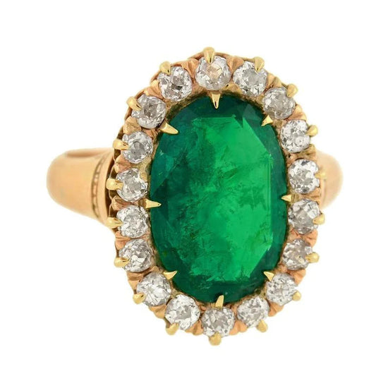 Anello in oro giallo 14K con Verde smeraldo ovale e diamanti rotondi da 7.50 carati