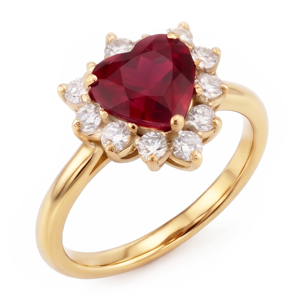 Anello in oro giallo 14K con rubini e diamanti a taglio cuore da 2,25 carati
