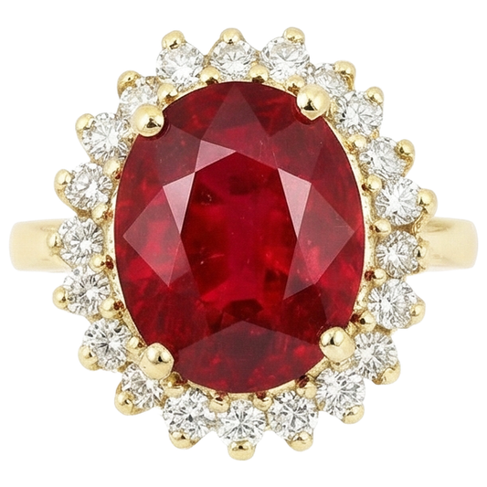 Anello in oro giallo 14K . con rubini rossi e diamanti da 5.75 carati