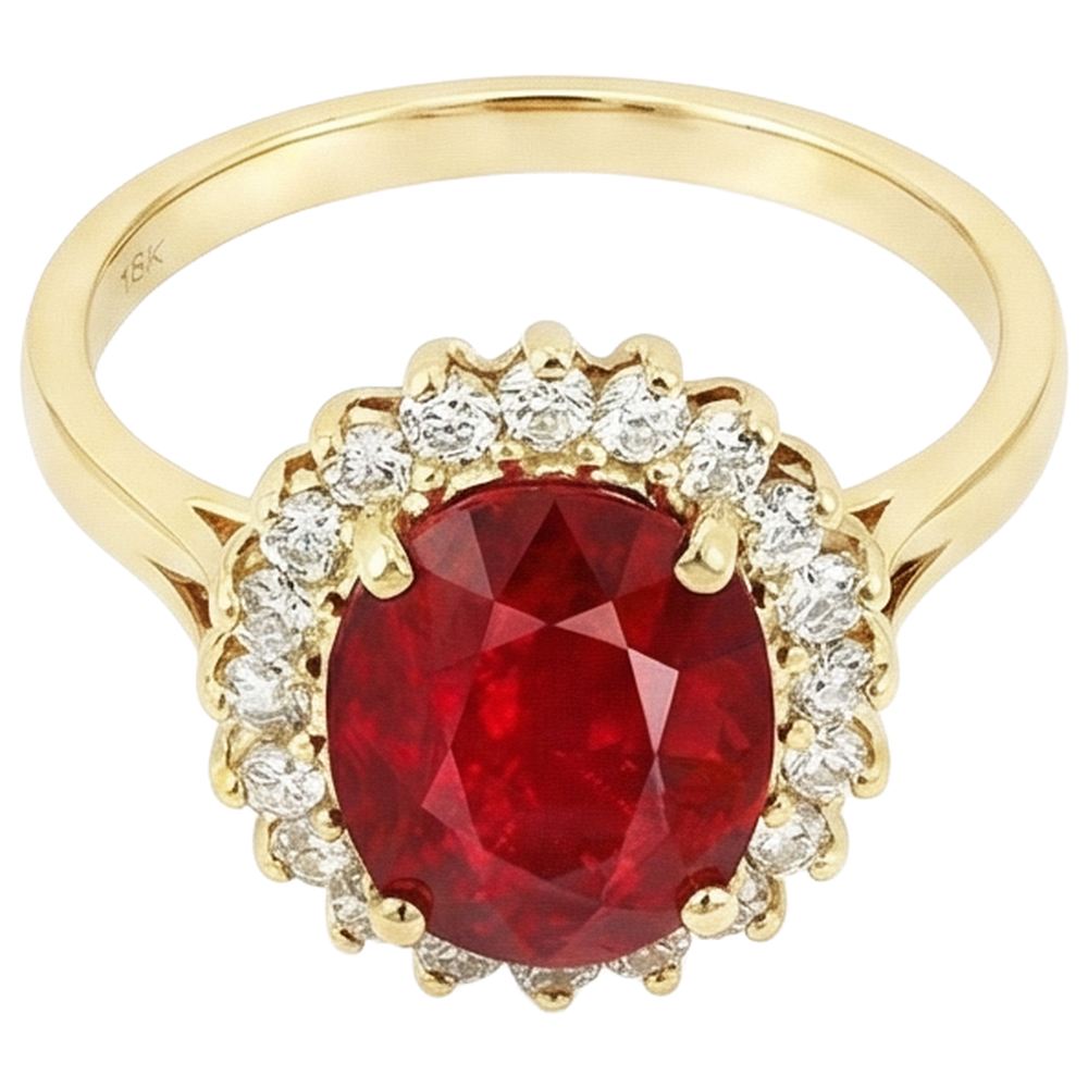 Anello in oro giallo 14K . con rubini rossi e diamanti da 5.75 carati
