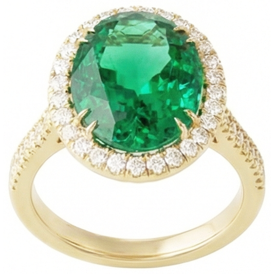 Anello in oro giallo 14K con smeraldo verde a taglio ovale da 4 ct con aureola