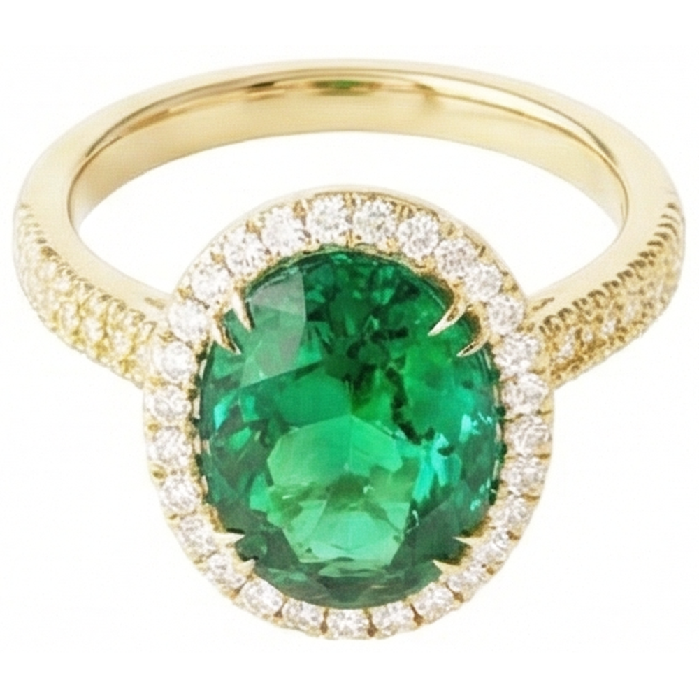 Anello in oro giallo 14K con smeraldo verde a taglio ovale da 4 ct con aureola