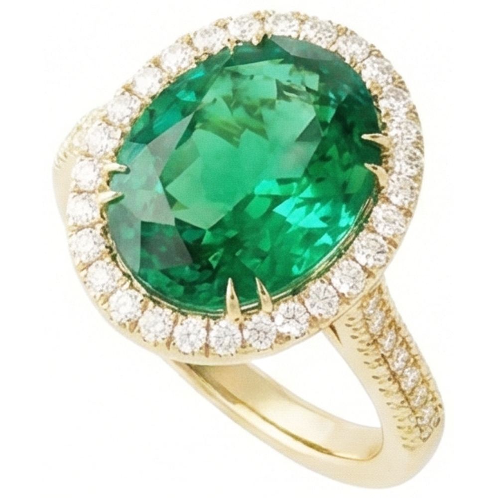Anello in oro giallo 14K con smeraldo verde a taglio ovale da 4 ct con aureola