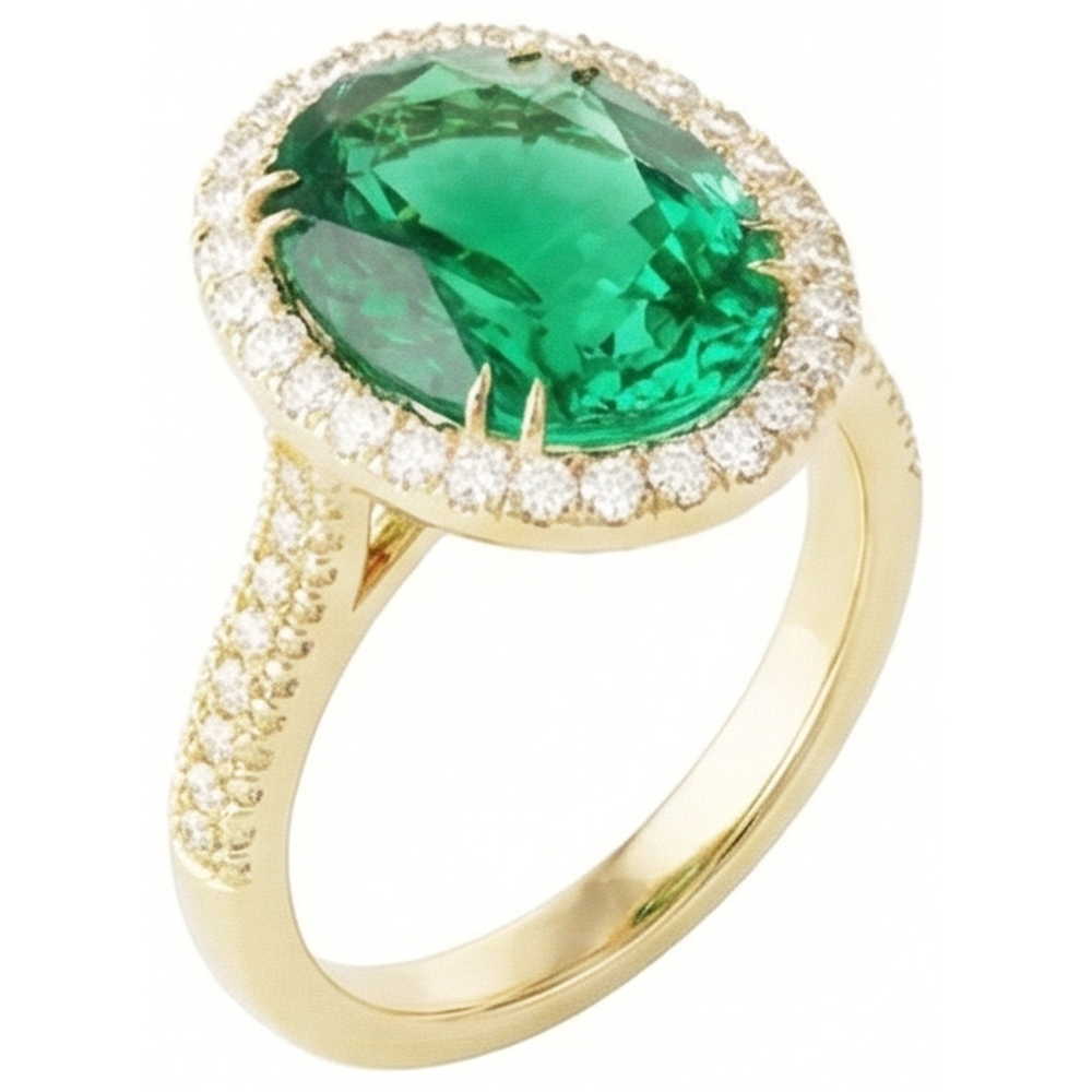 Anello in oro giallo 14K con smeraldo verde a taglio ovale da 4 ct con aureola