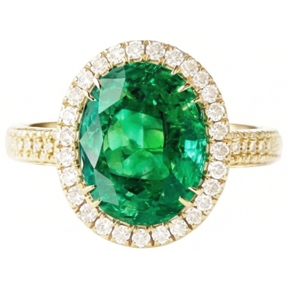 Anello in oro giallo 14K con smeraldo verde a taglio ovale da 4 ct con aureola