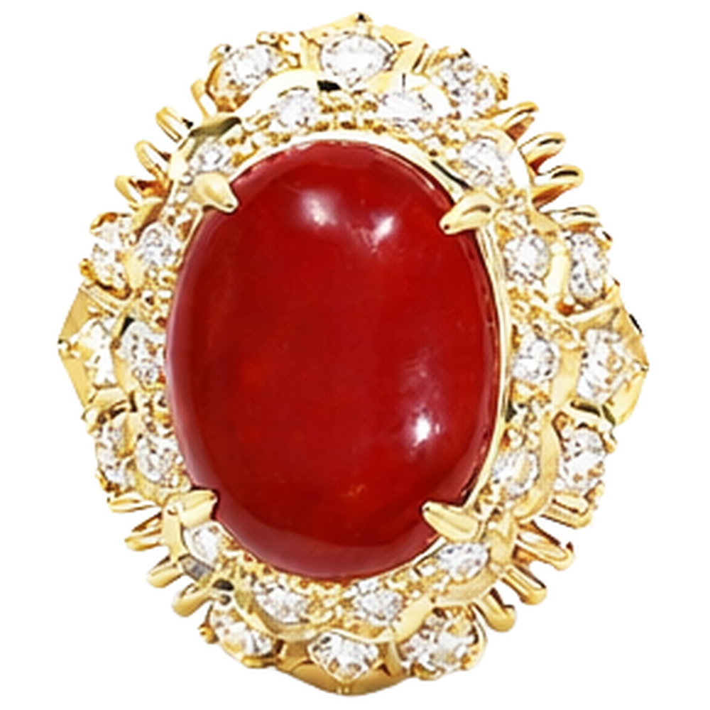 Anello in oro giallo 14k con corallo rosso ovale e diamanti rotondi da 13.50 ct