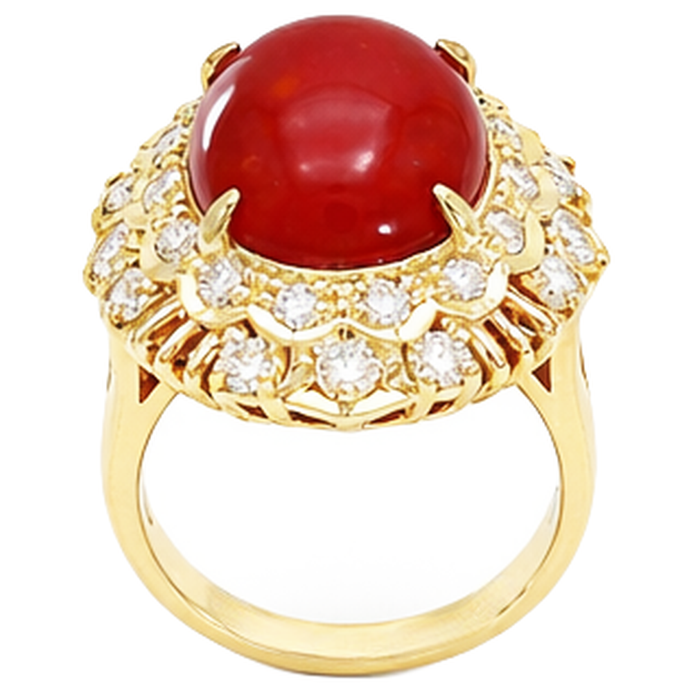 Anello in oro giallo 14k con corallo rosso ovale e diamanti rotondi da 13.50 ct