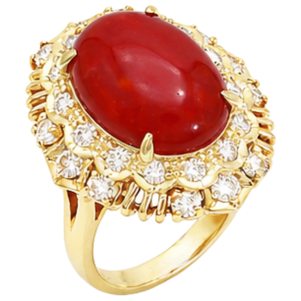 Anello in oro giallo 14k con corallo rosso ovale e diamanti rotondi da 13.50 ct