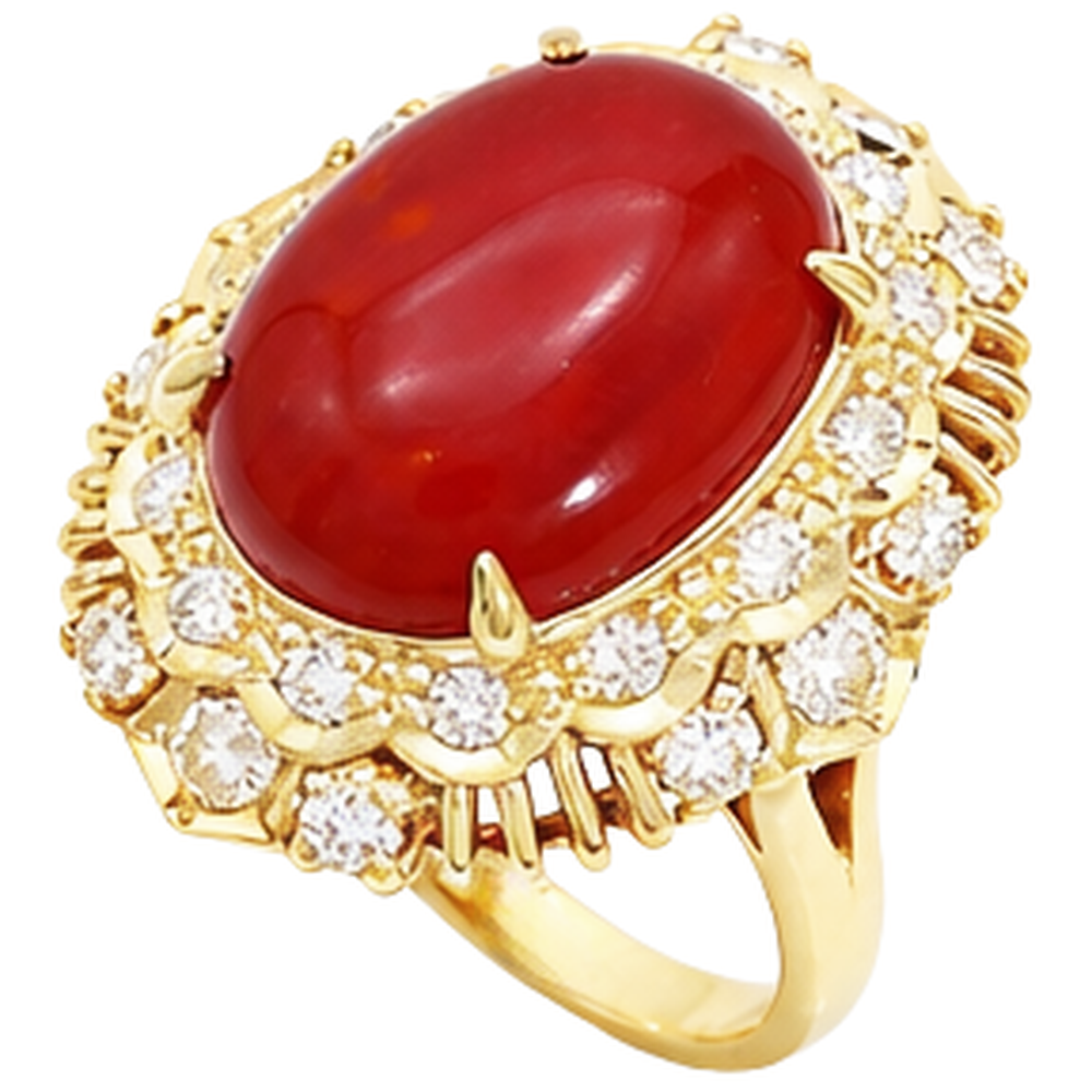 Anello in oro giallo 14k con corallo rosso ovale e diamanti rotondi da 13.50 ct