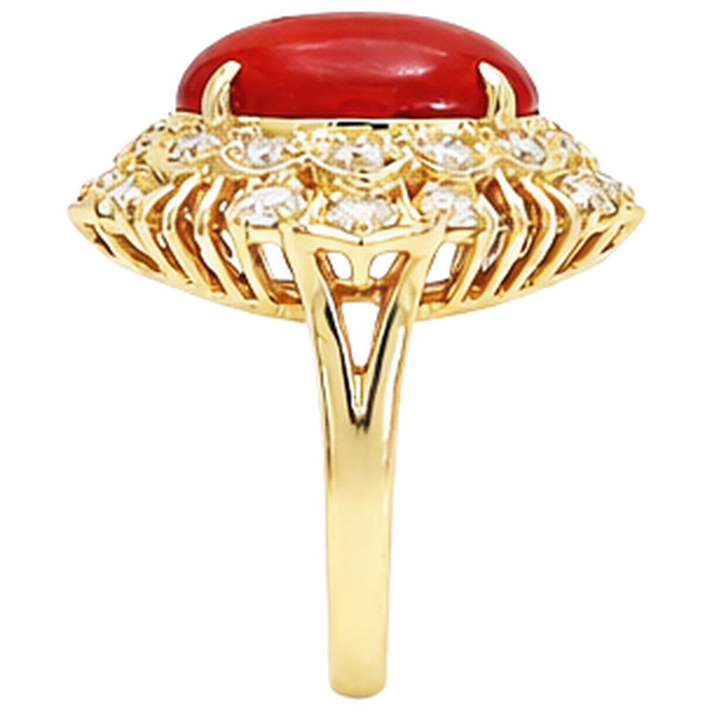 Anello in oro giallo 14k con corallo rosso ovale e diamanti rotondi da 13.50 ct