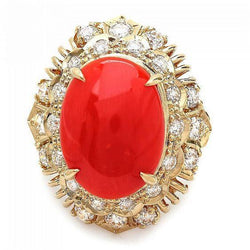 Anello in oro giallo 14k con corallo rosso ovale e diamanti rotondi da 13.50 ct