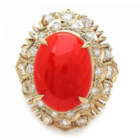 Anello in oro giallo 14 kt con corallo rosso ovale e diamanti rotondi da 13.50 ct - harrychadent.it