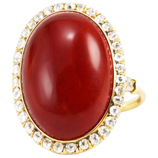 Anello in oro giallo 14k con corallo rosso taglio ovale e diamanti rotondi 14 ct