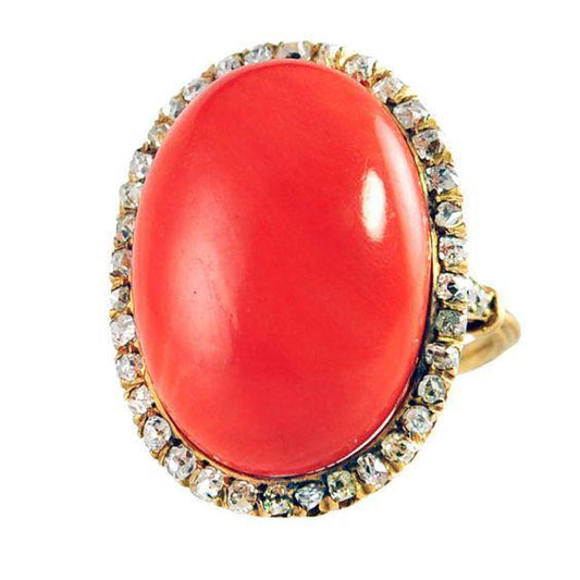 Anello in oro giallo 14 kt con corallo rosso taglio ovale e diamanti rotondi 14 ct - harrychadent.it