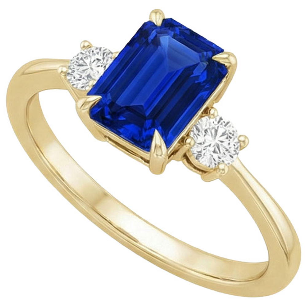 Anello in oro giallo con 3 pietre di smeraldo. zaffiro blu e diamante 3.50 carati