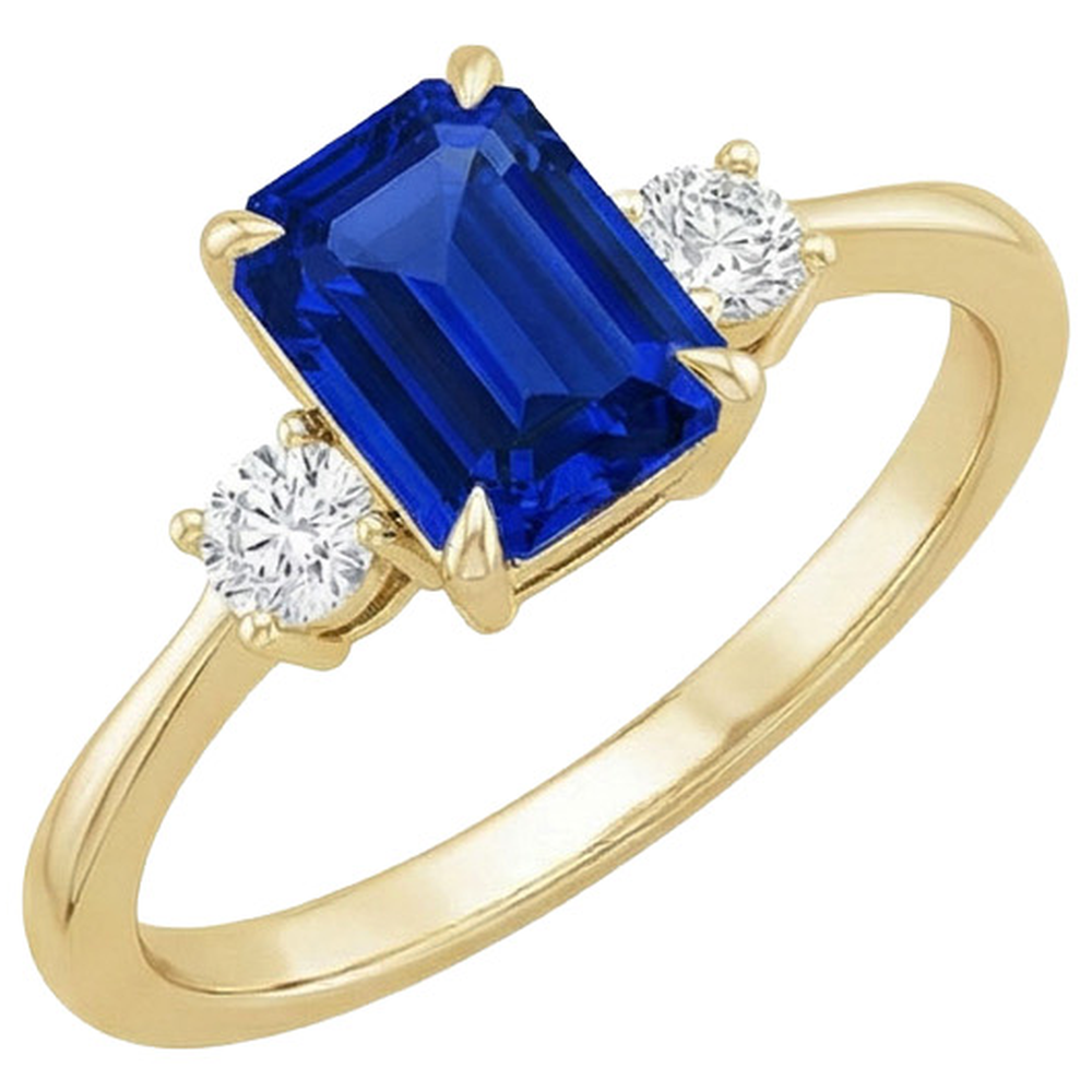 Anello in oro giallo con 3 pietre di smeraldo. zaffiro blu e diamante 3.50 carati