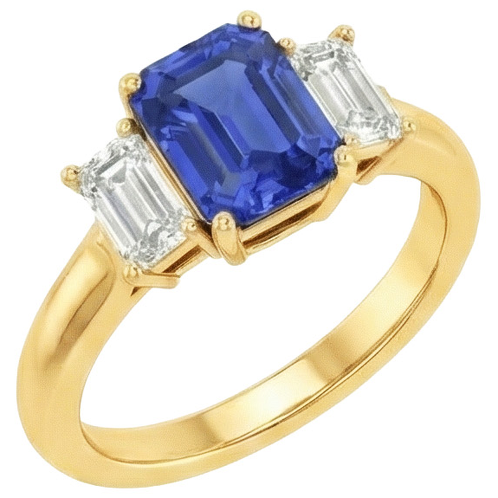 Anello in oro giallo con 3 pietre di zaffiro blu e diamanti 9 carati