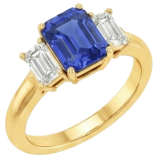 Anello in oro giallo con 3 pietre di zaffiro blu e diamanti 9 carati