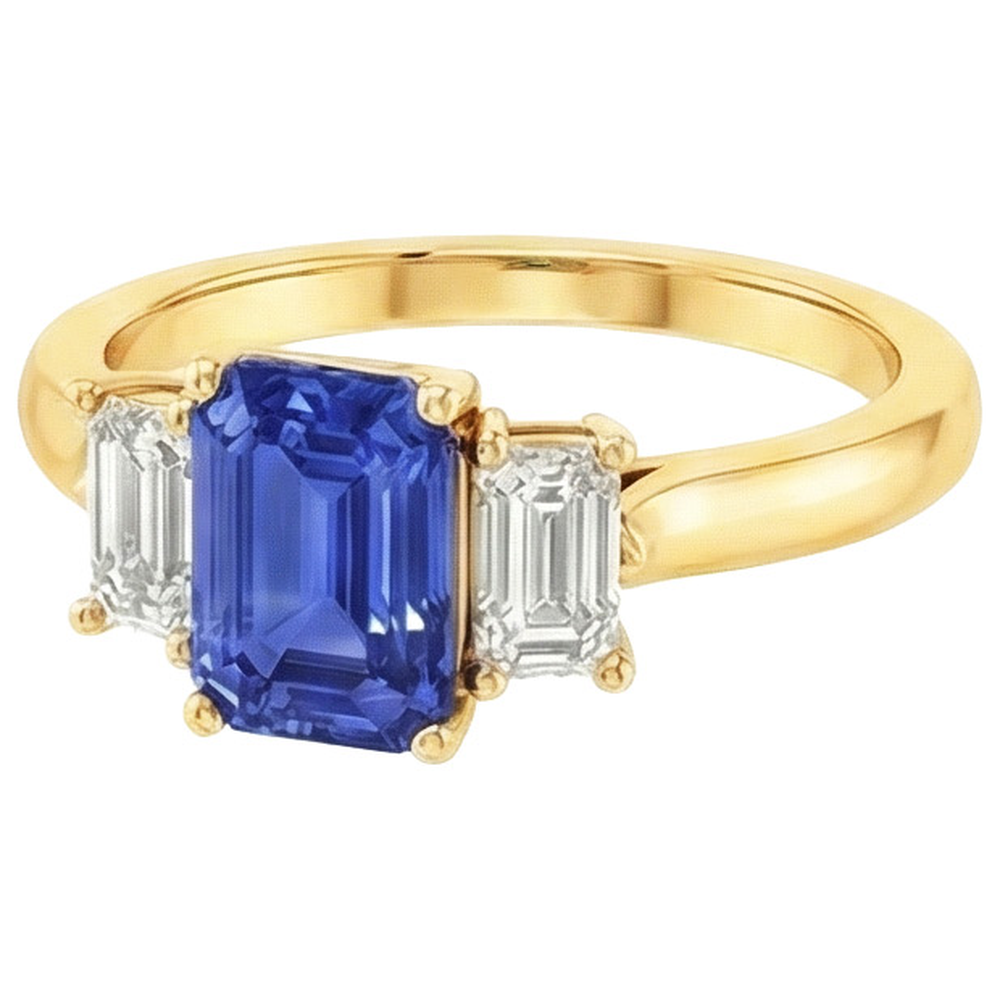 Anello in oro giallo con 3 pietre di zaffiro blu e diamanti 9 carati