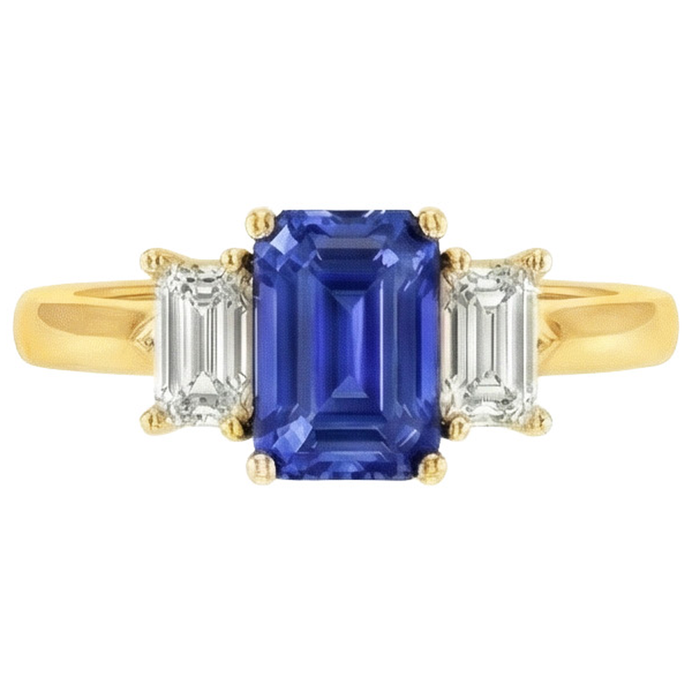 Anello in oro giallo con 3 pietre di zaffiro blu e diamanti 9 carati