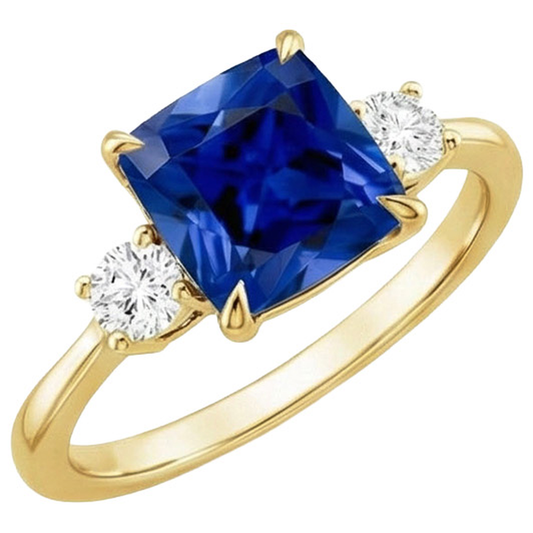 Anello in oro giallo con 3 pietre. diamante e cuscino. zaffiro blu 2.50 carati