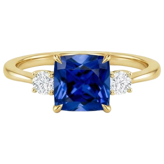 Anello in oro giallo con 3 pietre. diamante e cuscino. zaffiro blu 2.50 carati