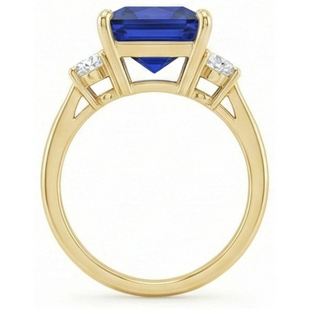 Anello in oro giallo con 3 pietre. zaffiro blu principessa e diamanti 5.25 carati