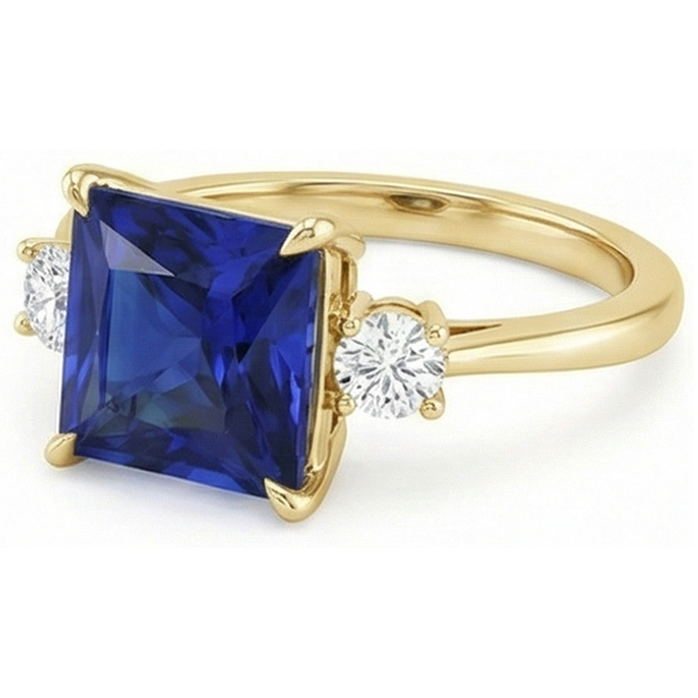 Anello in oro giallo con 3 pietre. zaffiro blu principessa e diamanti 5.25 carati
