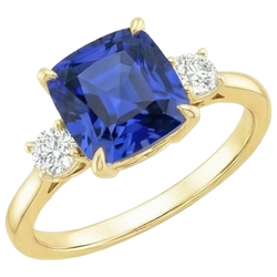 Anello in oro giallo con diamante rotondo e cuscino zaffiro blu 2.75 carati Nuovo