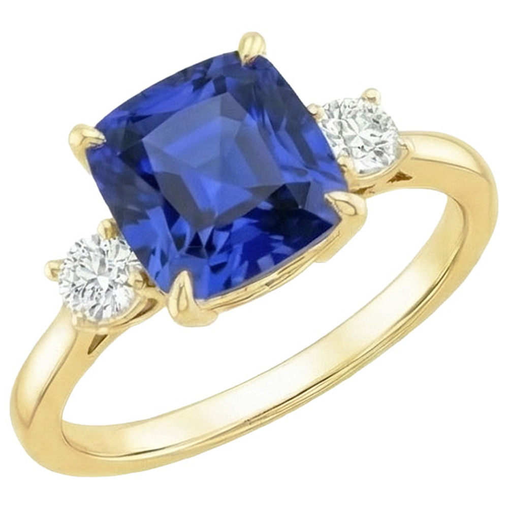 Anello in oro giallo con diamante rotondo e cuscino zaffiro blu 2.75 carati Nuovo