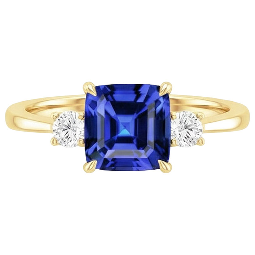 Anello in oro giallo con diamante rotondo e cuscino zaffiro blu 2.75 carati Nuovo