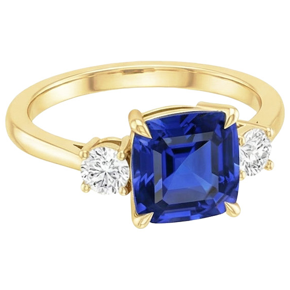 Anello in oro giallo con diamante rotondo e cuscino zaffiro blu 2.75 carati Nuovo