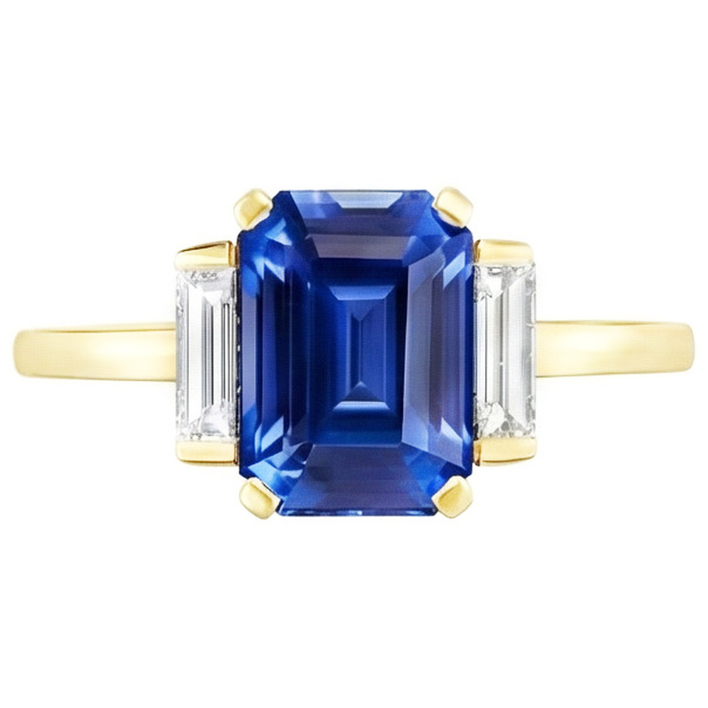 Anello in oro giallo con pietre preziose e smeraldo. diamanti baguette. 5 carati. 3 pietre