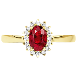 Anello in oro giallo con rubini rossi e diamanti rotondi a taglio ovale da 3 ct