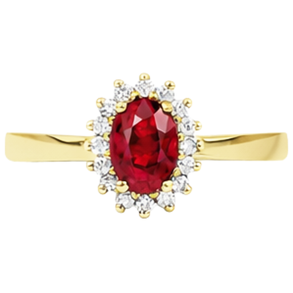 Anello in oro giallo con rubini rossi e diamanti rotondi a taglio ovale da 3 ct