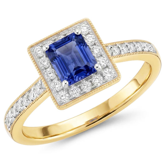 Anello in oro giallo milligrano con diamanti Zaffiro Halo Ceylon 2 carati