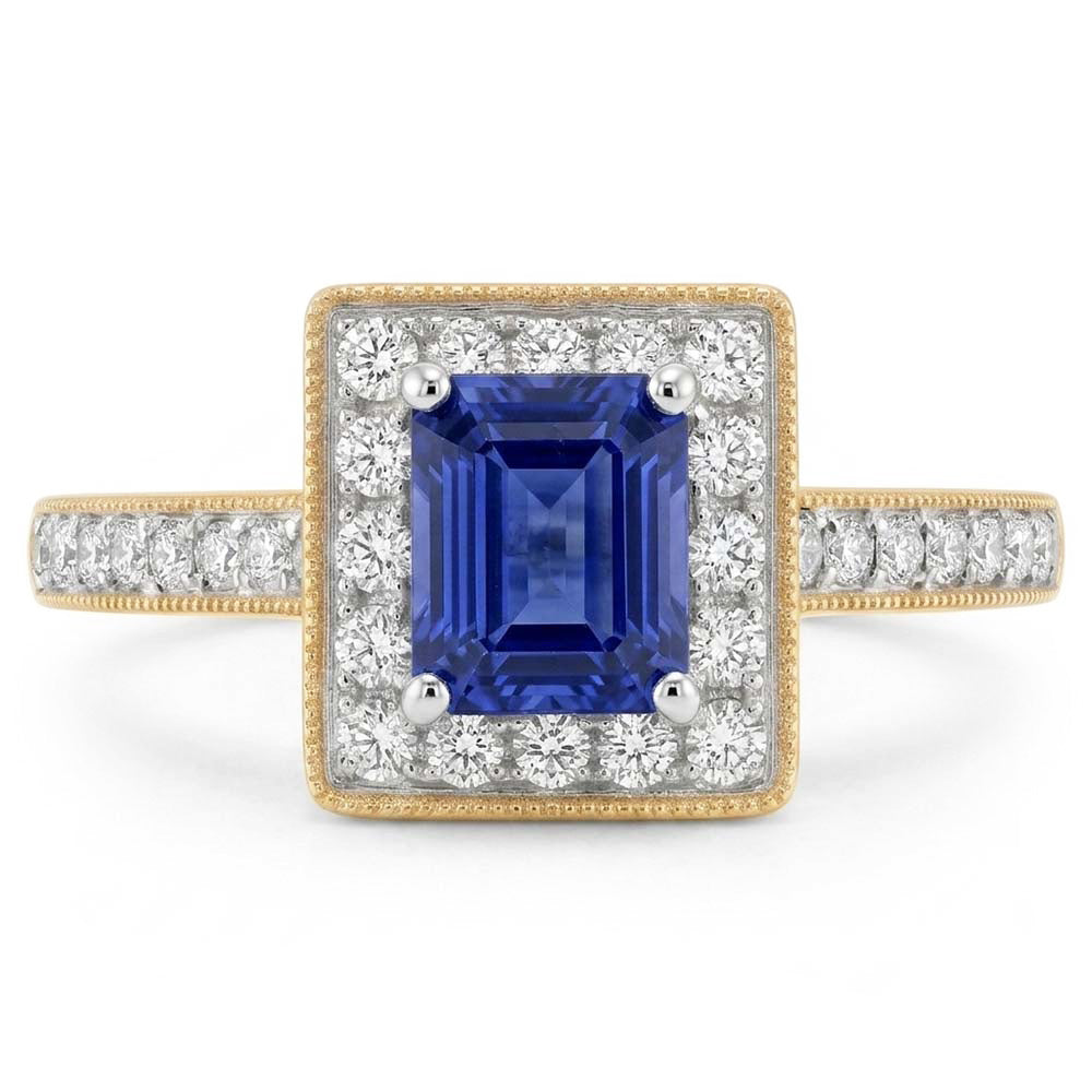 Anello in oro giallo milligrano con diamanti Zaffiro Halo Ceylon 2 carati